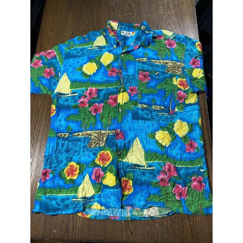 VTG Jacques Fath Tropical Hawaiian Rayon Shirt L Surf Beach Camp Aloha 23pit2pit